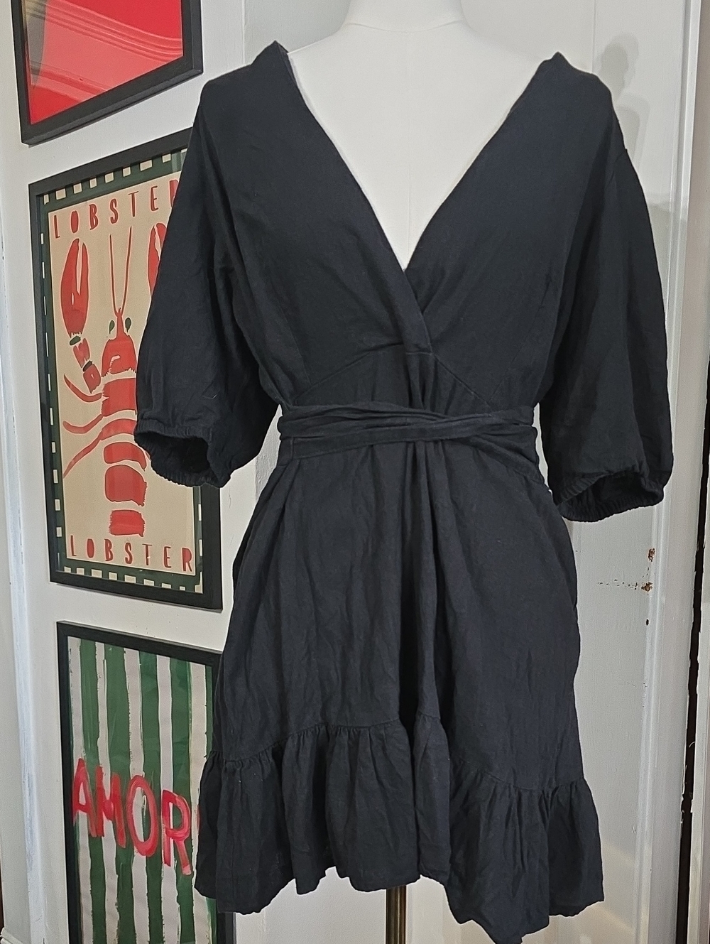 ASOS Black Linen Ruffle Wrap V-Neck Short Dress with Tie Waist
